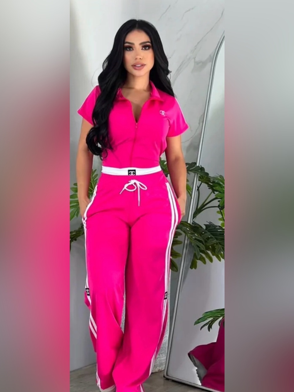 Vibrant Pink Short-Sleeve Top with Wide Leg Pants tracksuit size S
